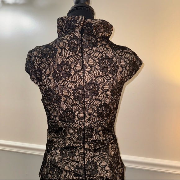 Xscape Tan Black Lace Formal/Semi midi body-con dress Sz 10. Ruched wCap sleeve. - Picture 5 of 16